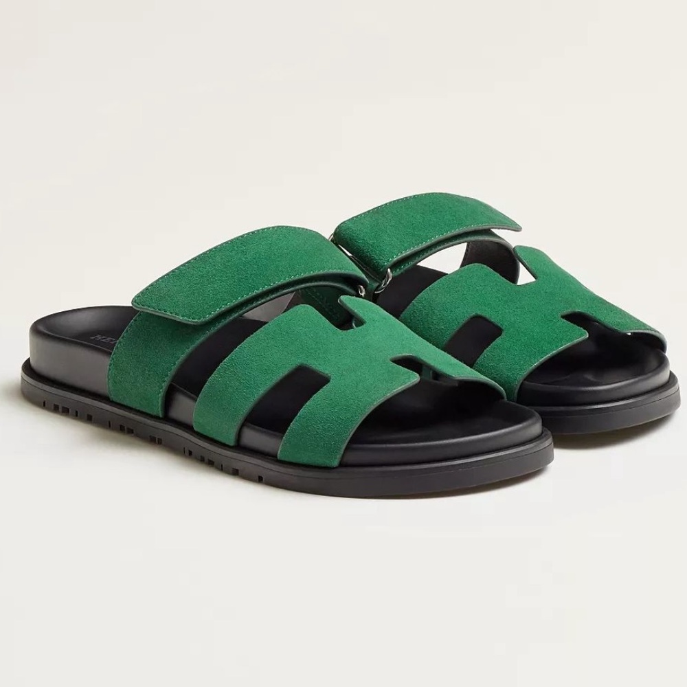 BNIB HERMES Women’s Chypre Sandal Vert Electrique Green Suede Sz. 37 or 7